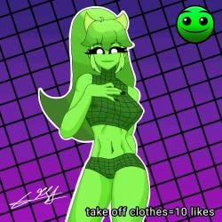 breasts cute dexxa female fire_in_the_hole gamecharacter geometry_dash green_skin lobotomy_(geometry_dash) normal_(geometry_dash) pussy reference_image