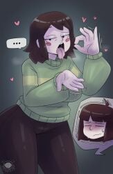 ... 2d 2d_(artwork) 2d_artwork ass belty42 big_ass big_breasts blush breasts chara charisk clothing female female_chara frisk frisk_(undertale) fully_clothed heart male male_frisk nervous suggestive suggestive_look text text_bubble thick_thighs thighs undertale undertale_(series)