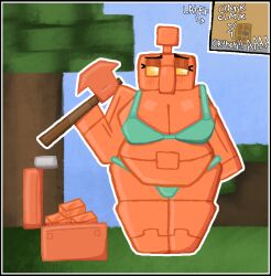 alone axe big_breasts bikini breasts chest chest_(minecraft) chubby chubby_female copper copper_golem copper_skin dialogue female golem looking_away metal metal_bikini metallic_body microsoft minecraft mojang orange_body tree turquoise_bikini weapon yellow_eyes zoyeensadart
