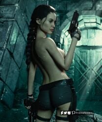 1girls 3d angelina_jolie ass big_ass breasts female gun lara_croft nipples pistol pristinerenders solo tomb_raider topless weapon