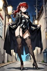 1girls ai_generated aroused atlus breasts coat exhibitionism female female_only flashing high_heels kasumi_yoshizawa latex latex_clothing leotard long_coat medium_breasts night persona persona_5 pussy red_eyes red_hair squirting stockings street sweat sweating sweaty thigh_highs thighhighs vaginal_fluids