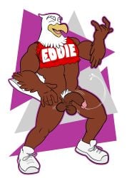 abstract_background absurd_res accipitrid accipitriform air_guitar anthro avian balls big_penis bird bodily_fluids closed_eyes clothing crop_top dancing eagle eddie_eagle feather_pubes feathers flaccid footwear genital_fluids genitals helicoptering_penis hi_res male midriff muscular muscular_male navel nipples non-mammal_nipples pecs penis precum precum_string shirt shoes sneakers sneakers_without_bottomwear solo spiffygreen swinging_penis topwear