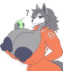 1girls anthro arm_behind_back ass big_ass big_breasts black_body black_hair breast_expansion breast_growth breasts confused confusion drinking ears female furry huge_ass huge_breasts jumpsuit long_hair looking_down looking_down_at_self mal0 malo nipples no_bra oleanderin question_mark scp-1471 scp-1471-a scp_foundation skull_head tail thick_thighs wide_hips wolf wolf_girl