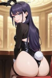 ai_generated big_ass black_hair blue_eyes bunny_ears bunnysuit kitagawa_marin long_hair showing_ass sitting smiling stockings syndweinai