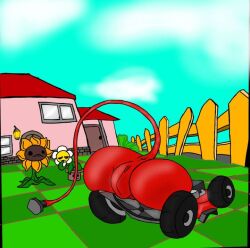 anus ass ass_focus blue_sky engine female garden lawnmower lawnmower_(pvz) mechanophilia plants_vs_zombies pussy sky sunflower_(pvz) tail tires what wheel