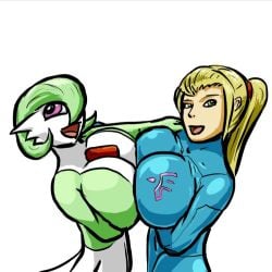 2girls :d big_breasts blonde_hair breasts cleavage colored crossover expansion_sequence female gardevoir green_eyes green_hair metroid multiple_girls nintendo oniontrain pink_eyes pokemon pokemon_(species) ponytail pressing_breasts_together samus_aran short_hair smile tied_hair zero_suit_samus