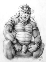 1boy 2016 anthro armlet bowser bracelet facial_piercing flora_fauna front_view glans greyscale half-erect humanoid_penis jewelry koopa looking_at_viewer male male_only mario_(series) monochrome moobs musclegut naughty_face navel neverwolf nintendo nipples nose_piercing nose_ring partially_retracted_foreskin pencil_(artwork) penis piercing pinup piranha_plant plant pose scalie shaded shell signature sitting skull slightly_chubby solo spread_legs spreading stubble tattoo traditional_media_(artwork) tusks uncut vein veiny_penis video_games