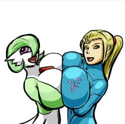 2girls :d blonde_hair breasts cleavage colored crossover expansion_sequence female gardevoir green_eyes green_hair large_breasts metroid multiple_girls nintendo oniontrain pink_eyes pokemon pokemon_(species) ponytail pressing_breasts_together samus_aran short_hair smile tied_hair zero_suit_samus