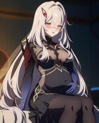 big_breasts breast_grab breasts breasts_out c embarrassed genshin_impact hoyoverse in_bed long_hair pantyhose pregnant pregnant_female ronova_(genshin_impact) white_hair