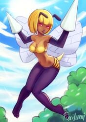 1girls anthro beedrill blonde_hair breasts cleavage dark-skinned_female dark_skin female flying foxilumi monster_girl navel nintendo pokemon red_eyes short_hair solo spikes text wings