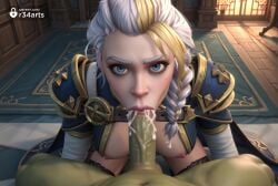 1boy 1boy1girl 1girls ai_generated armor artist_name blonde_hair blowjob blue_eyes braid breasts colored_skin cum cum_in_mouth fellatio hi_res jaina_proudmoore kneeling lips lipstick long_hair looking_at_viewer makeup mole mole_under_eye multicolored_hair nipples nude oral penis pov pov_crotch r34arts runny_makeup solo_focus straight thighhighs uncensored warcraft warcraft_3 white_hair world_of_warcraft