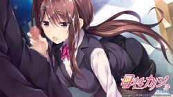 1boy aroused black_jacket black_shoes black_skirt bosei_kanojo_-shikyuu_kikan-hen- bow bowtie breasts brown_eyes brown_hair censored collared_shirt copyright_name copyright_notice cum cum_on_body cum_on_hair diagonal-striped_bow diagonal-striped_bowtie diagonal-striped_clothes erection eyes_visible_through_hair facial female hair_between_eyes hair_ornament hairclip indoors jacket kneeling lapels large_breasts long_hair long_sidelocks mosaic_censoring notched_lapels office_lady official_art open_mouth oryo_(oryo04) penis penis_grab penis_out pink_bow pink_bowtie ponytail raised_eyebrows shirt shoes sidelocks skirt sleeveless sleeveless_jacket solo_focus straight striped_clothes tachibana_miori tongue tongue_out white_shirt wing_collar
