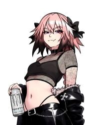 ambiguous_gender astolfo_(fate) bikini black_bikini black_highlights chains coat collar emo fate_(series) fingernails fishnets fur_coat goth gothic lingerie monster_energy monster_energy_drink panties panties_visible pink_hair purple_eyes redpostit short_hair skirt small_breasts small_waist tattoo tattoos unknown_gender waist