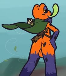 2025 amphibian anthro arrows ass backsack balls big_balls black_body black_sclera black_skin black_spots brown_pupils cape clothing frog genitals green_cape green_clothing half-closed_eyes hand_on_hip long_tongue looking_at_viewer looking_back male markings mostly_nude narrowed_eyes oak_daniel orange_balls orange_body orange_skin pupils purple_body purple_skin quiver_(object) smile smirk solo spots spotted_body spotted_skin tongue tongue_out ultilix wind yellow_eyes