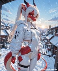 1girls absurd_res ai_generated anthro breasts dragon dragon_girl female furry hi_res highres jacket latex_clothing long_hair looking_at_viewer medium_breasts ponytail red_eyes red_scales scalie sci-fi snow solo tagme tail thick_thighs white_hair white_latex white_scales xorvexai