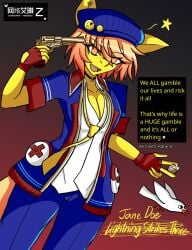 1girls 2025 airiin220 anthro big_breasts bird breasts cleavage coin cyberairiin_(airiin220) english_text female female_only furry furry_only gun horse horse_girl horse_race_tests lightning_strikes_thrice russian_roulette short_hair short_hair_female text tomboy tomboyish