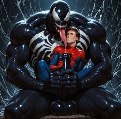 ai_generated gay happy huge_cock monster muscular_male peter_parker size_difference smiling spider-man_(series) stroking_penis to tounge_out venom_(marvel) yaoi