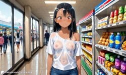 1girls ai_generated bare_shoulder breasts casual casual_nudity city covered_nipples crowd denim earclip encoder female grocery_store hayase_nagatoro indoors jeans long_hair looking_at_viewer medium_breasts no_underwear please_don't_bully_me,_nagatoro public see-through shop smile store street sweat t-shirt tanlines uncensored wet_clothes wet_shirt window