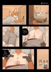 anthro anus arm_tuft artist_name ass backsack balls bed black_nose blue_bottomwear blue_clothing blue_shorts blush bookshelf bottomwear brown_hands canid canine cheek_tuft clothing comic digital_drawing_(artwork) digital_media_(artwork) directional_arrow door door_handle duo electronics exclamation_point facial_tuft fur furniture genitals grey_bottomwear grey_clothing grey_shirt grey_shorts grey_topwear hand_on_butt head_on_hand head_tuft hi_res high-angle_view holding_object holding_phone inner_ear_fluff inside kneeling kneeling_on_ground listening_to_music lying lying_on_bed male male/male mammal multicolored_body on_bed on_front onion_y1 opening_door orange_body orange_fur orange_tail pawpads perineum phone pink_pawpads question_mark raised_arms raised_tail red_clothing red_underwear shaded shirt shorts side_view speech_bubble spread_butt spreading standing surprised tail text three-quarter_view topwear tuft two_tone_body underwear undressing undressing_another undressing_between_scenes undressing_partner white_body white_fur white_inner_ear white_inner_ear_fluff y_anus