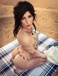 3d ass beach begging bikini booty feet kneeling lara_croft lara_croft_(survivor) legs lewdfinity panties soles sunscreen toes tomb_raider tomb_raider_(survivor) wet_body