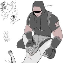 1ambiguous 1boy ambiguous_gender androgynous anon axe belly_button black_gloves black_hoodie blood_on_face bloody buff cap cat_ears cuck_chair cuck_chair_(meme) cum cum_on_body cum_on_penis cumshot dialogue dubious_consent english english_dialogue english_text gloves grey_body grinding hidden_face hoodie kneeling large_pecs large_pectorals male male_domination mask miserable monster monster_boy monsterxmediator muscular muscular_male nauseaxe_404 numb_(artist) obscured_face questionable_consent red_cap red_mask rubbing simple_background sparkles stiches veiny_penis y/n