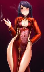1girls black_hair blush breasts china_dress chinese_clothes cigarette cosplay dress eve_(stellar_blade)_(cosplay) facing_viewer female finalcake hand_on_hip julianne_stingray medium_breasts no_panties pelvic_curtain purple_eyes red_dress shrug_(clothing) side_slit smoking smoking_cigarette solo stellar_blade thighs twintails va-11_hall-a