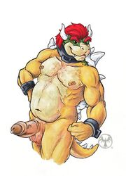 1boy balls body_hair bowser bracelet chest_hair collar erection flexing front_view glans grin humanoid_penis jewelry koopa looking_at_viewer male male_only mario_(series) musclegut navel neverwolf nintendo nude partially_retracted_foreskin pecs penis pinup pose precum scalie shell signature simple_background solo spiked_bracelet spikes standing uncut video_games white_background