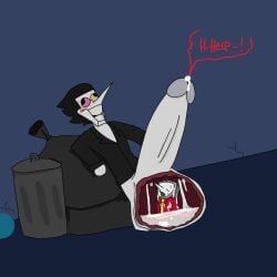 balls balls_vore ballsack cock cock_vore cum cum_pool deltarune deltarune_chapter_2 deltarune_chapter_3 nayuudon nonconsensual penis precum scared sexual_assault sexual_harassment spamton_g_spamton tenna_(deltarune) trash_can tv tv_head vore