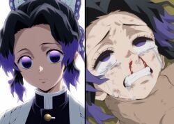 1boy 1girls ai_generated asphyxiation before_and_after before_rape black_eyes black_hair blood bruise bruised choking clenched_teeth crying demon_slayer female female_focus grabbing kichiku-sensei kimetsu_no_yaiba kochou_shinobu light-skinned_female light_skin male nosebleed purple_hair rape ryona saliva scared scared_expression strangling tear tears