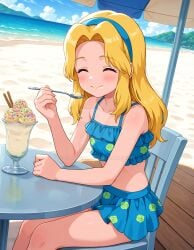 2025 ai_generated beach_background beach_umbrella belly blonde_eyebrows blonde_hair_female blue_and_green_bikini blue_bikini blue_hairband closed_eyes closed_eyes closed_eyes_smile closed_mouth closed_mouth_smile closed_smile deviantart eating_ice_cream elryusam green_bikini hands_on_table maria_robotnik meta mouth_closed red_cheeks sega sitting_on_chair sonic_the_hedgehog_(series) tummy