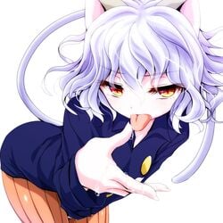 1girls animal_ears cat_ears cat_tail female female_only hunter_x_hunter licking looking_at_viewer masturbation neferpitou orange_eyes pussy_juice short_hair solo tail tongue watarui wavy_hair white_hair