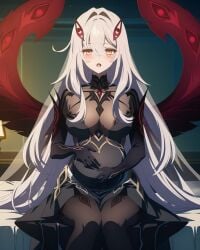 big_breasts breast_grab breasts breasts_out c embarrassed genshin_impact hoyoverse in_bed long_hair pantyhose pregnant pregnant_female ronova_(genshin_impact) white_hair