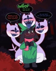 black_body black_fur blush blush_lines bodily_fluids clothed clothing clover_(deltarune) crushpepper deltarune detailed_background drooling erection eyewear female femboy femboy_on_female fully_clothed fur glasses hi_res horny_female hung_trap imminent_sex male male/female ralsei saliva scarf sweat tagme tongue tongue_out undertale_(series)