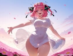 ai_generated balecxi blue_eyes butterfly_hair_ornament covered_navel curvy female flower flower_field flower_wreath go-toubun_no_hanayome hair_ornament hair_ribbon head_wreath large_breasts nakano_nino open_mouth outdoors patreon_username petals pink_hair see-through_silhouette short_hair short_sleeves sky smile solo teeth thick_thighs thigh_gap two_side_up white_dress wide_hips