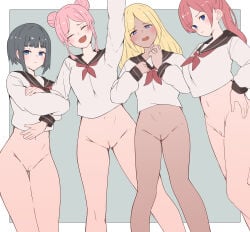 4girls black_hair blonde_hair blue_eyes blush border bottomless cleft_of_venus commentary_request dark-skinned_female dark_skin double_bun grey_background grey_sailor_collar gyaru hair_bun hand_on_own_hip light_frown long_hair looking_at_viewer medium_hair multiple_girls neckerchief nervous_smile open_mouth original pink_hair ponytail pussy red_hair red_neckerchief sailor_collar school_uniform serafuku serious shirt short_hair smile soyo1558686 textless_version white_border white_shirt