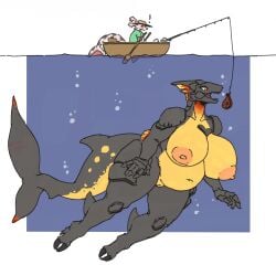 anthro belly big_breasts boat breasts duo female fin fish fishing fishing_rod food genitals grey_body grey_skin hi_res huge_breasts larger_female lure macro male marine meat oar overweight overweight_anthro overweight_female size_difference tail tail_fin thick_tail underwater underwater_view vehicle vulva water watercraft zed-s