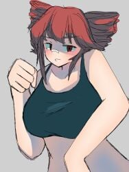 big_breasts black_tank_top breast_focus breast_shadow breasts clenched_hand fist kasane_teto large_breasts looking_at_viewer open_mouth red_eyes red_hair small_waist tank_top waist wasanpon_ama