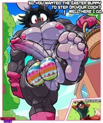 4_fingers 4_toes abs absurd_res anthro anthro_on_anthro balls big_balls big_penis black_body black_fur black_hair blue_sky bodily_fluids bodypaint canid canine clothed clothing cydennis2 dennis_(cyds2) dialogue digital_drawing_(artwork) digital_media_(artwork) dripping duo easter easter_egg english_text erect_nipples erection exhibitionism eyelashes fan_character feet fingers foot_focus fox fox_tail fur genital_fluids genitals grey_body grey_fur hair handwear heart_symbol hi_res holidays huge_balls huge_cock humanoid humanoid_feet lagomorph leaking_precum leporid looking_at_another looking_at_viewer looking_down low-angle_view lying_on_grass male male/male mammal muscular muscular_arms muscular_male muscular_thighs nervous_smile nipples on_grass orange_body orange_fur outside partially_clothed pecs penis pink_nipples plant plantigrade precum precum_drip precum_string presenting presenting_balls presenting_penis public public_nudity purple_eyes rabbit red_eyes red_fox shaking_penis sky speech_bubble steam steamy_balls steamy_feet steamy_penis sweat sweaty_feet text thick_thighs toes topwear tree true_fox vein veiny_penis wide_hipped_male wide_hips