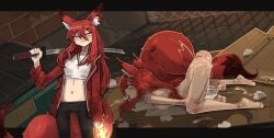 absurd_res accessory after_rape after_sex alley animal_humanoid ass_up blush bodily_fluids bottomwear breasts canid canid_humanoid canine canine_humanoid cardboard clothed clothing cum cum_drip cum_in_ass cum_in_mouth cum_in_vagina cum_inside dripping drooling dumpster fan_character female fluffy fluffy_tail forced fox fox_humanoid front_view fur genital_fluids hair hi_res humanoid inner_ear_fluff jacket katana long_hair mammal mammal_humanoid melee_weapon navel nude outside pants pointy_ears purple_eyes pussy rape red_body red_fur red_hair saliva sex shirt shuuko side_view small_waist solo sword tail tank_top tissue topwear tuft weapon
