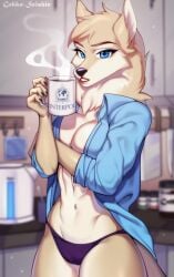 2022 anthro anya_isklo beverage canid canine canis clothed clothing coffee digital_media_(artwork) female fur gekko-seishin hi_res interpol kitchen mammal morning panties shaded shirt simple_background solo topwear underwear wolf