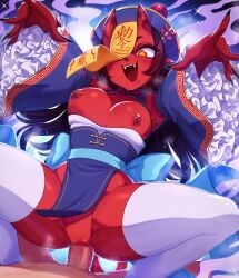 1boy 1girls black_hair breasts cowgirl_position demon demon_girl demon_horns demon_tail devil devil_girl devil_horns devil_tail female jiangshi_costume male meru_(merunyaa) meruccubus_(merunyaa) merunyaa nipples original original_character penis pierced_nipples piercings pussy red_skin succubus succubus_horns succubus_tail tagme tits_out vaginal_sex yellow_eyes