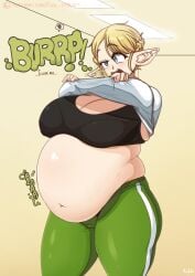 alternate_version_available belly_overhang big_belly blonde_hair breasts breasts_bigger_than_head burp burp_cloud burp_fetish burping elf elf-san_wa_yaserarenai elf_ears elf_female elfuda fat fat_female fat_fetish fat_girl fatty female funlitogc gassychan_(artist) huge_belly lifting_shirt morbidly_obese obese obese_female overweight overweight_female sweatpants