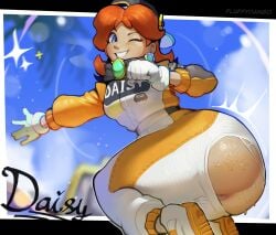 ass big_ass blue_eyes butthole clothing english_text female female_only fluffydango gloves light-skinned_female light_skin looking_at_viewer mario_(series) one_eye_closed orange_hair princess_daisy ripped_clothing short_hair smile smiling tagme