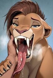 ai_generated amani_the_shaman black blue_eyes faceless_male feline female human_hand licking_arm lioness lips long_tongue looking_at_partner male male_hand mawshot paw_on_arm saberteeth sabertooth saliva sharp_teeth steamy_breath tongue_out
