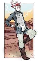 andromorph anthro antlers backwards_hat baseball_cap boots bottomwear clothed clothing cowboy_boots deer denny_(boltaction) facial_piercing footwear fur genitals grey_body grey_fur half-closed_eyes hat headgear headwear hi_res horn hotpants humanoid_genitalia humanoid_vulva inner_ear_fluff intersex jacket mammal narrowed_eyes nose_piercing nose_ring open_bottomwear open_clothing open_jacket open_pants open_topwear pants piercing ring_piercing shoes shorts solo sparkibarki topwear tuft vulva white_body white_fur