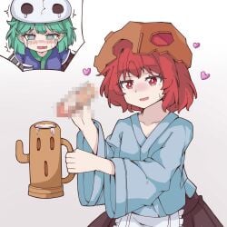 absurdres blush censored censored_penis cock cum cum_in_container cum_in_cup cup green_eyes green_hair hair_ornament hakama hand_on_penis handjob heart heart-shaped_pupils highres holding holding_cup japanese_clothes katano_sukune kitsugai_sese len'en mosaic_censoring penis red_eyes red_hair sese_kitsugai skull skull_hair_ornament source_removed sukune_katano symbol-shaped_pupils tagme tears yingchui_xueyue
