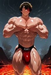 abs ai_generated avatar_the_last_airbender bara biceps big_biceps big_pecs breasts bulge chest fire fire_nation hand_on_breast hand_on_chest hands_on_chest hands_on_pecs jockstrap kodomolo kodoromo male male_focus male_only muscles muscular muscular_arms muscular_chest muscular_legs muscular_male muscular_thighs name_on_clothing obliques pec_grab pectorals posing showing_off smoke solo solo_focus solo_male squeezing underwear underwear_only volcano yaoi zuko