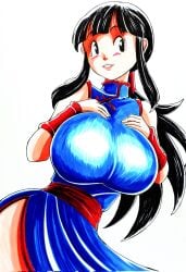1girls area5169458561 black_hair blush bolt_on_tits breasts busty chichi curvy dragon_ball female hands_on_breasts huge_breasts light-skinned_female light_skin milf small_waist white_background