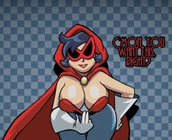 areola_slip areolae_peeking areolae_slip belt black_eyes black_hair blue_pants breasts breasts brown_hair chess_board clothed dialogue fingers_together hand_on_hip heaven lipstick looking_at_viewer oc original_character portal red_cape red_hood red_lipstick simple_background smile teasing text the_red_capeness tight_clothing