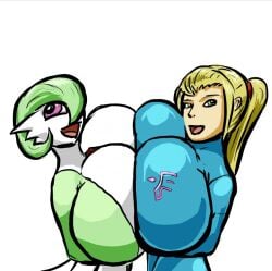 2girls :d blonde_hair breast_expansion breasts cleavage colored crossover expansion_sequence female gardevoir green_eyes green_hair huge_breasts metroid multiple_girls nintendo oniontrain pink_eyes pokemon pokemon_(species) ponytail pressing_breasts_together samus_aran short_hair smile tied_hair zero_suit_samus